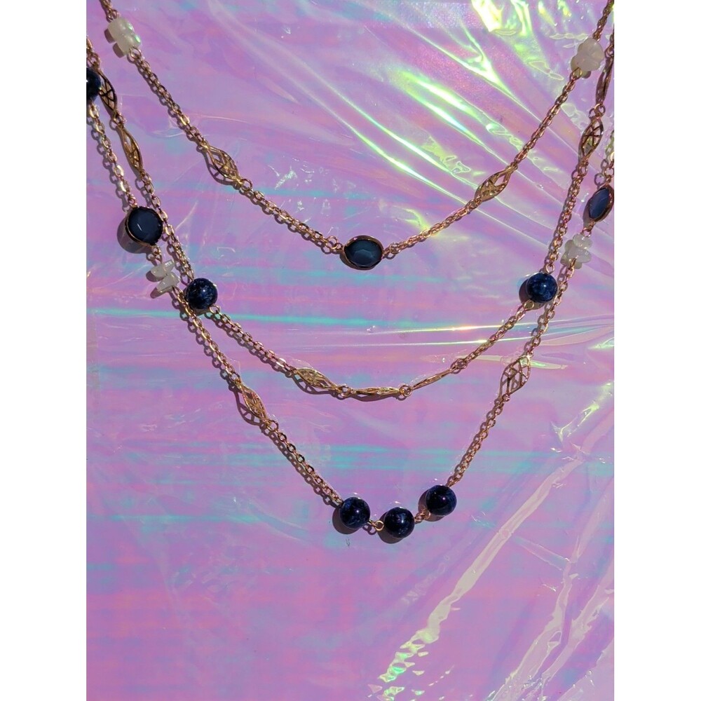 Vintage 1990s Liz Claiborne 3 Strand Blue Processed Stone Gold Tone Necklace